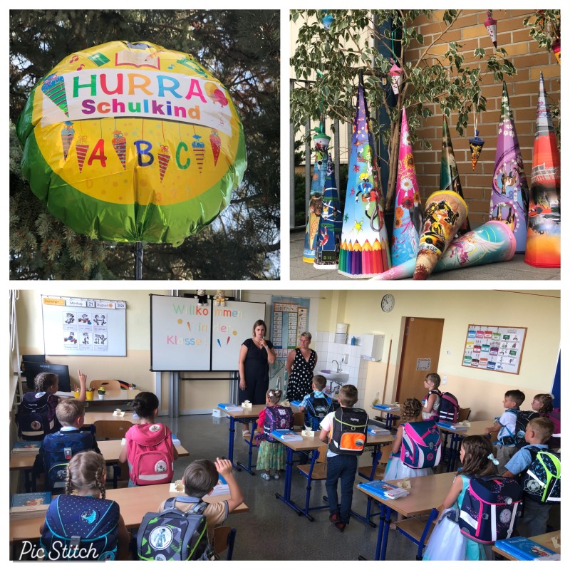 Zuckertüten und Erstklässler im Unterrichtsraum