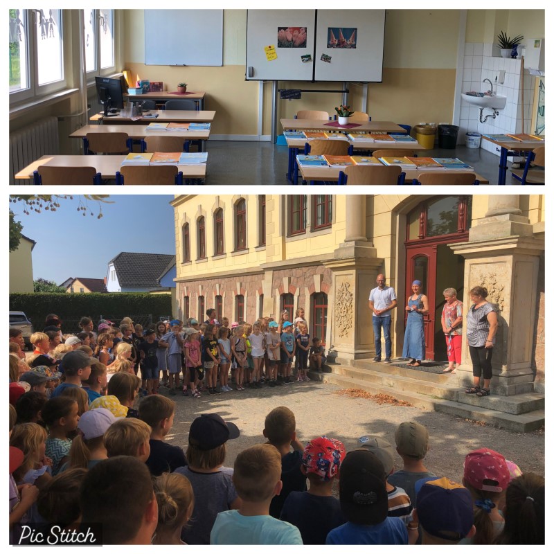 Begrüßung der Kinder vor der Schule